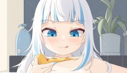 Rule 34 | 1girl, ahoge, bath, bathing, bathtub, blue eyes, blue hair, blue nails, closed mouth, food, gawr gura, holding, holding food, holding pizza, hololive, hololive english, indoors, long hair, multicolored hair, nude, partially submerged, pizza, pizza slice, plant, shark girl, solo, streaked hair, tenroy, tongue, tongue out, virtual youtuber, white hair
