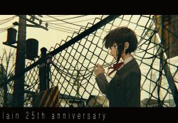 Rule 34 | 1girl, anniversary, asymmetrical hair, black hair, blazer, brown eyes, building, cable, chain-link fence, collared shirt, commentary request, eigoni, expressionless, fence, grey sky, hair ornament, highres, iwakura lain, jacket, letterboxed, neck ribbon, outdoors, power lines, profile, red ribbon, ribbon, school uniform, serial experiments lain, shirt, short hair, single sidelock, sky, solo, utility pole, white shirt, x hair ornament