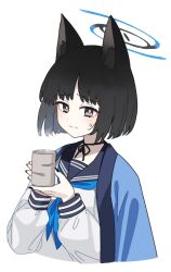 Rule 34 | 1girl, animal ear fluff, animal ears, black eyes, black hair, black nails, black sailor collar, blue archive, blue halo, blue neckerchief, cat ears, closed mouth, cup, eyeshadow, fingernails, halo, haori, highres, holding, holding cup, japanese clothes, kikyou (blue archive), long sleeves, looking at viewer, makeup, nail polish, neckerchief, red eyeshadow, sailor collar, shiromoca, short hair, simple background, solo, upper body, white background, yunomi