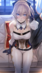 Rule 34 | 1girl, bare shoulders, belt, blonde hair, blue eyes, blush, bow, breasts, cleavage, couch, deras, detached collar, detached sleeves, gauntlets, genshin impact, gloves, hair bow, high ponytail, highres, jean (genshin impact), large breasts, long hair, looking at viewer, pants, sidelocks, sitting, solo, thighs, tight clothes, tight pants, white pants, window
