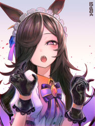 Rule 34 | 1girl, :o, animal ears, bad id, bad pixiv id, black gloves, blue flower, brown hair, collared shirt, fangs, flower, frilled hairband, frills, gloves, gradient background, hair over one eye, hairband, half-closed eyes, halloween, horse ears, horse girl, long hair, looking at viewer, open mouth, puffy sleeves, purple eyes, ribbon, rice shower (make up vampire!) (umamusume), rice shower (umamusume), rqtkrqtk, shirt, solo, umamusume, upper body