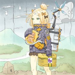 Rule 34 | 1girl, abigail williams (fate), backpack, bag, bow, bowtie, briefcase, cloud, death stranding, fate/grand order, fate (series), forest, gummy madacuel, hair bun, high collar, highres, holding, long sleeves, medjed (fate), mountain, nature, nitocris (fate), odradek, official alternate costume, outdoors, parody, river, rock, single hair bun, skirt, sky, sleeves past fingers, sleeves past wrists, strap, stuffed animal, stuffed toy, teddy bear, tube