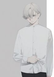 Rule 34 | 1boy, absurdres, arm at side, closed mouth, clothes grab, covered eyes, cowboy shot, dentooo0, frown, grey hair, hair behind ear, hair over one eye, hand on own stomach, highres, long sleeves, looking away, looking down, male focus, original, shirt, short hair, solo