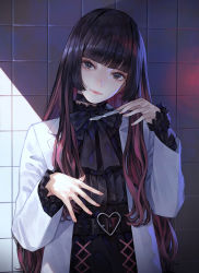 Rule 34 | 1girl, ascot, belt, black ascot, black choker, black eyes, black hair, black shirt, blunt bangs, buckle, choker, closed mouth, coat, frilled sleeves, frills, hands up, heart, heart-shaped buckle, highres, holding scalpel, kaoming, lips, long hair, looking at viewer, multicolored hair, original, red hair, scalpel, shirt, sidelocks, sleeves past wrists, solo, streaked hair, tile wall, tiles, upper body, white coat