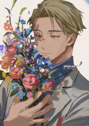 Rule 34 | 1boy, artist name, blonde hair, blue shirt, bouquet, closed mouth, collared shirt, commentary request, fingernails, flower, formal, green eyes, grey background, holding, holding bouquet, jujutsu kaisen, kadeart, male focus, nanami kento, shirt, smile, solo, suit, undercut, upper body, wing collar