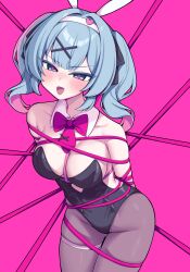 Rule 34 | 1girl, absurdres, arms behind back, bare shoulders, black leotard, black pantyhose, blue hair, bound, bound arms, bow, bowtie, breasts, cleavage, clothing cutout, collarbone, cowboy shot, detached collar, hair intakes, hair ornament, hairband, hatsune miku, highleg, highleg leotard, highres, large breasts, legs together, leotard, looking at viewer, metaljelly, pantyhose, pink background, pink pupils, rabbit hole (vocaloid), red bow, red bowtie, restrained, ribbon, ribbon bondage, short hair, short twintails, sidelocks, simple background, skindentation, solo, stomach cutout, thigh strap, twintails, vocaloid, white hairband, x hair ornament