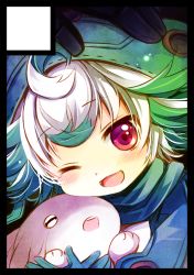 Rule 34 | 1boy, 1girl, :d, ahoge, black border, black gloves, bondrewd, border, circle cut, creature, gloves, green hair, horizontal pupils, looking at viewer, made in abyss, meinya (made in abyss), multicolored hair, one eye closed, open mouth, out of frame, prushka, red eyes, sakurazawa izumi, short hair, smile, two-tone hair, white hair