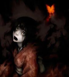Rule 34 | 1girl, black hair, bug, butterfly, colored skin, darkness, fatal frame, fatal frame 2, genk, ghost, grey eyes, grey skin, highres, bug, japanese clothes, kimono, obi, open mouth, sash, solo, tachibana chitose, tears, white skin