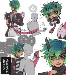 Rule 34 | 2girls, alter (apex legends), apex legends, arrow (symbol), bald, bald girl, black sclera, bodysuit, breasts, chibi, chibi inset, collarbone, colored sclera, faceless, faceless female, green hair, grey bodysuit, highres, holding, holding knife, knife, looking to the side, mechanical tail, medium breasts, multiple girls, multiple views, open mouth, red lips, ritomidi, short hair, tail, translation request, v-shaped eyebrows, white eyes