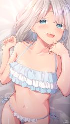 Rule 34 | 1girl, bad id, bad pixiv id, bare arms, bare shoulders, bikini, blue eyes, blush, breasts, collarbone, commentary request, frilled bikini, frills, halterneck, highres, long hair, looking at viewer, lying, navel, open mouth, original, ramchi, side-tie bikini bottom, signature, silver hair, silver hair-chan (ramchi), small breasts, smile, solo, stomach, string bikini, swimsuit, thighs