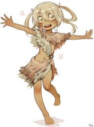 Rule 34 | 1girl, :d, absurdres, bags under eyes, barefoot, blonde hair, full body, hair between eyes, hair rings, highres, irumyuui, leg up, looking at viewer, made in abyss, open mouth, outie navel, outstretched arms, p (pm 611a), signature, simple background, smile, solo, spread arms, standing, teeth, upper teeth only, white background, yellow eyes