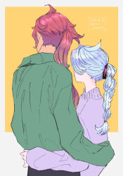 Rule 34 | 2girls, absurdres, ahoge, alternate hairstyle, arm around waist, artist name, braid, braided ponytail, casual, couple, dated, from behind, green jacket, gundam, gundam suisei no majo, hair over shoulder, height difference, high ponytail, highres, jacket, long hair, looking afar, miorine rembran, multiple girls, ponytail, red hair, scrunchie, simple background, suletta mercury, sweater, twitter username, white hair, yellow background, yuri, yuri kyanon