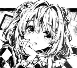 Rule 34 | 1girl, absurdres, ashi (dongshi389), bell, blush, checkered clothes, checkered kimono, greyscale, hair bell, hair between eyes, hair ornament, highres, japanese clothes, jingle bell, kimono, long sleeves, looking at viewer, monochrome, motoori kosuzu, open mouth, portrait, short hair, solo, touhou, two side up