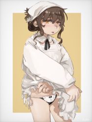 Rule 34 | 1girl, alternate costume, apron, black panties, blush, brown hair, clothes lift, flat chest, folded ponytail, head scarf, inazuma (kancolle), jewelry, kantai collection, kappougi, kuro4221, lifting own clothes, long sleeves, orange eyes, panties, ponytail, ring, side-tie panties, signature, simple background, solo, tongue, tongue out, two-tone background, underwear, wedding band, white headwear