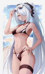 Rule 34 | 1girl, absurdres, adjusting eyewear, beach, bikini, black bikini, black bow, black choker, blowing whistle, blue archive, bow, breasts, choker, dark-skinned female, dark skin, geomdaeng, grey hair, hair bow, hair over one eye, hand on own hip, highres, iori (blue archive), long hair, looking at viewer, multi-strapped bikini bottom, navel, pointy ears, red eyes, small breasts, solo, stomach, sunglasses, swimsuit, thigh strap, twintails, whistle
