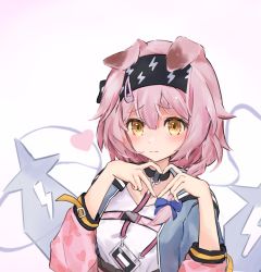 Rule 34 | 1girl, animal ears, arknights, black collar, black hairband, braid, cat ears, cat girl, coat, collar, floppy ears, goldenglow (arknights), hairband, heart, heart hands, highres, jacket, jonnodraws, lightning bolt print, looking at viewer, multicolored clothes, multicolored jacket, pink coat, pink hair, short hair, side braid, simple background, solo, two-tone jacket, white background, yellow eyes