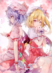 Rule 34 | 2girls, absurdres, ascot, blonde hair, bow, buttons, closed mouth, dress, flandre scarlet, gradient background, hat, highres, holding, long hair, looking at viewer, mob cap, multiple girls, petals, ponytail, puffy short sleeves, puffy sleeves, purple eyes, red bow, red eyes, red skirt, remilia scarlet, riichu, short dress, short hair, short sleeves, siblings, side ponytail, simple background, sisters, sitting, skirt, smile, stuffed animal, stuffed toy, thigh strap, touhou, wings, wrist cuffs
