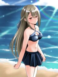 Rule 34 | 1girl, beach, bikini, bikini skirt, blue bikini, blue bow, blue sky, blush, bow, breasts, brown eyes, cleavage, cleavage cutout, clenched hands, closed mouth, clothing cutout, cloud, commentary, criss-cross halter, day, fujino shiroha, grey hair, hair between eyes, hair bow, hairpin, half updo, halterneck, highres, lens flare, light rays, long hair, looking at viewer, medium breasts, multiple hairpins, navel, nue no onmyouji, ocean, outdoors, parted bangs, sidelocks, sideways glance, sky, smile, solo, standing, sunbeam, sunlight, swimsuit, thighs, three quarter view, zakiwo (rrxn8224)