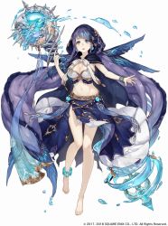 Rule 34 | 1girl, anklet, aqua eyes, barefoot, bracelet, breasts, fins, full body, gold trim, holding, holding staff, hood, jewelry, jino, large breasts, loincloth, long hair, midriff, navel, ningyo hime (sinoalice), official art, purple hair, sinoalice, solo, staff, very long hair, water, white background