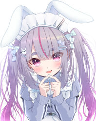 Rule 34 | 1girl, animal ears, blush, bow, fake animal ears, frilled hairband, frills, gradient hair, hair bow, hair ornament, hairband, hairclip, highres, index fingers together, kazumiya yayoi, looking at viewer, multicolored hair, nail polish, open mouth, pink hair, purple hair, rabbit ears, simple background, solo, streaked hair, sweater, thick eyebrows, tosaki mimi, twintails, two-tone hair, virtual youtuber, vspo!, white background, white hairband