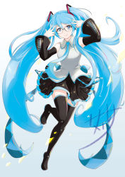 Rule 34 | 1girl, absurdres, bespectacled, black sleeves, blue eyes, blue hair, blue necktie, blue neckweat, boots, collared shirt, detached sleeves, double ci, floating, glasses, grey shirt, hair between eyes, hatsune miku, head tilt, highres, long hair, looking at viewer, necktie, shirt, skarameru, smile, solo, thigh boots, thighhighs, twintails, very long hair, vocaloid, zettai ryouiki