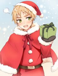 Rule 34 | 1boy, axis powers hetalia, belt, blonde hair, blush, box, breath, capelet, christmas, fur-trimmed capelet, fur trim, gift, gift box, green eyes, hat, holding, holding gift, iluka (ffv7), looking to the side, male focus, mittens, open mouth, pom pom (clothes), puff of air, ribbon, santa costume, santa hat, short hair, solo, thick eyebrows, united kingdom (hetalia)