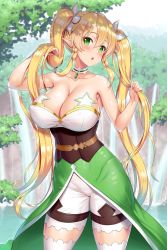 Rule 34 | 1girl, bare shoulders, blonde hair, blush, braid, breasts, choker, cleavage, day, detached collar, fairy, green eyes, hair between eyes, highres, holding, holding hair, kawase seiki, large breasts, leafa, long ears, long hair, looking at viewer, open mouth, outdoors, pointy ears, solo, sword art online, thighhighs, tree, twin braids, twintails, very long hair, water, waterfall, white thighhighs
