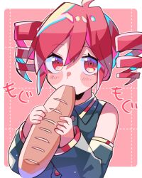 Rule 34 | 1girl, baguette, blush stickers, bread, detached sleeves, drill hair, eating, fang, food, holding, holding food, kasane teto, long sleeves, looking at viewer, pink hair, red eyes, shirt, sleeveless, sleeveless shirt, solo, translation request, twin drills, utau, yuusuke-kun