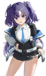 Rule 34 | 1girl, absurdres, black gloves, black skirt, blue archive, blue necktie, blush, collared shirt, cowboy shot, formal, gloves, highres, jacket, long hair, long sleeves, necktie, oeuia, open clothes, open jacket, open mouth, pleated skirt, purple eyes, purple hair, shirt, simple background, skirt, solo, suggestive fluid, suit, two-sided fabric, two-sided jacket, two side up, white background, white jacket, white shirt, yuuka (blue archive)