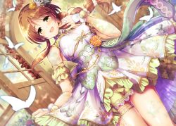 Rule 34 | 1girl, braid, breasts, brown eyes, brown hair, bug, butterfly, covered erect nipples, detached sleeves, dress, dutch angle, hair ornament, highres, idolmaster, idolmaster cinderella girls, insect, jewelry, long hair, looking at viewer, ment, open mouth, ornate ring, ring, single braid, skirt hold, small breasts, smile, solo, takamori aiko, wedding ring, wooden door