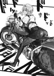 Rule 34 | 1girl, ass, black shorts, commentary request, expressionless, from behind, full body, gloves, greyscale, hair between eyes, half-closed eyes, head wings, high-waist shorts, high heels, highres, hololive, leaning forward, long sleeves, looking at viewer, looking back, monochrome, motor vehicle, motorcycle, pantyhose, pantyhose under shorts, puffy long sleeves, puffy sleeves, shirt, short hair, shorts, sitting, solo, sound effects, takane lui, takane lui (1st costume), torn flipper, vehicle request, virtual youtuber, white background, white shirt, wings