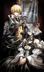 Rule 34 | 1boy, 1girl, angel wings, asymmetrical wings, bare shoulders, belt, black suit, blonde hair, blue hair, bow, breasts, bridal veil, cleavage, collared shirt, commentary, couple, cross, detached collar, detached sleeves, dizzy (guilty gear), dong hole, english commentary, english text, flower, formal, goth fashion, grey eyes, guilty gear, guilty gear strive, guilty gear xrd, hair between eyes, hair flower, hair ornament, hair over one eye, hair rings, highres, husband and wife, indoors, ky kiske, large breasts, long hair, own hands together, portrait, red eyes, rose, shirt, short hair, sidelocks, sitting, slit pupils, standing, suit, twintails, veil, wings, yellow bow