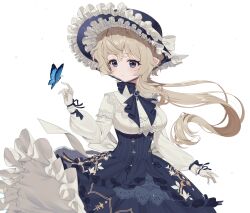 Rule 34 | 1girl, absurdres, black eyes, blonde hair, blue dress, breasts, bug, butterfly, dress, frilled dress, frills, gloves, hat, hat ornament, highres, insect, large breasts, long dress, long hair, long sleeves, looking to the side, original, pointy ears, ribbon, seoki (hi3031), simple background, solo, top hat, two-tone dress, victorian, white background, white dress, white gloves