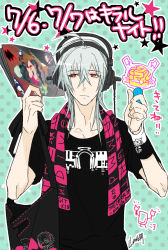 Rule 34 | 1boy, announcement, antenna hair, bag, black shirt, blouse, blue background, closed mouth, glowstick, headphones, long hair, looking to the side, male focus, mascot, merchandise, naitou-kun, nitro+ chiral, polka dot, polka dot background, red eyes, shirt, shoulder bag, signature, silver hair, simple background, solo, t-shirt, towel, towel around neck, upper body, wristband, yamada uiro