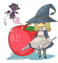 Rule 34 | apple, blonde hair, brown eyes, demon, food, fork, fruit, hat, knife, leaf, lowres, teapot, witch