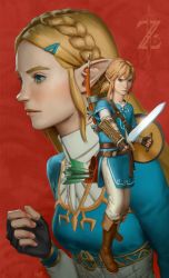 Rule 34 | 1boy, 1girl, blonde hair, blue eyes, braid, crown braid, gloves, hair ornament, high collar, holding, holding sword, holding weapon, jewelry, link, long hair, looking at viewer, nintendo, pointy ears, ponytail, princess zelda, pxvx, red background, sword, the legend of zelda, the legend of zelda: breath of the wild, weapon