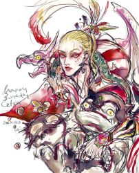 Rule 34 | 1boy, absurdres, blonde hair, bomb (final fantasy), cefca palazzo, clown, earrings, facepaint, feathers, final fantasy, final fantasy vi, happy birthday, highres, jewelry, lipstick, long hair, makeup, monster, oju (ouka), serious, simple background, square enix, white background
