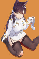 Rule 34 | 1girl, absurdres, animal ears, asymmetrical bangs, atago (azur lane), azur lane, black hair, black thighhighs, bleeding, blood, breasts, closed mouth, extra ears, feet, from above, garter straps, gloves, highres, injury, large breasts, long hair, looking at viewer, medal, military, military uniform, mole, mole under eye, orange background, pencil skirt, shoes, unworn shoes, simple background, sitting, skindentation, skirt, solo, swept bangs, thighhighs, toes, torn clothes, torn thighhighs, uniform, virtu.al, white footwear, white gloves, yellow eyes