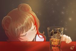Rule 34 | 1girl, alcohol, animal ears, arknights, artist name, bear ears, black background, blush, brown hair, commentary request, cup, drooling, closed eyes, hand up, korean commentary, multicolored hair, portrait, red hair, ret (tiiuu), sleeping, solo, streaked hair, zima (arknights)
