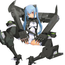 Rule 34 | 10s, 1girl, blue hair, blush, bodysuit, breasts, busou shinki, doll joints, extra arms, file17, full body, gloves, hair ornament, head tilt, high heels, joints, leotard, long hair, looking at viewer, mecha, mecha musume, narrow waist, neon trim, pointy ears, red eyes, robot, sidelocks, simple background, sitting, small breasts, solo, spread legs, strarf, twintails, u (the unko), white background