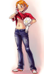 Rule 34 | 00s, 1girl, ball, breasts, clothes lift, denim, gloves, jeans, natsuki rin, pants, precure, shirt lift, small breasts, soccer, soccer ball, solo, sweat, tomboy, underboob, white soccer ball, yes! precure 5, yurikawa