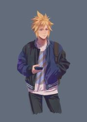 Rule 34 | 1boy, alternate costume, backpack, bag, black pants, blonde hair, blue eyes, casual, cloud strife, cowboy shot, final fantasy, final fantasy vii, final fantasy vii remake, grey background, hand in pocket, ho fan, holding, holding phone, jacket, letterman jacket, looking to the side, male focus, pants, phone, print shirt, shirt, short hair, solo, spiked hair, square enix, standing