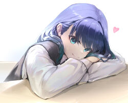 Rule 34 | 1girl, absurdres, black sweater vest, blue eyes, blue hair, closed mouth, commentary, hair behind ear, heart, highres, jinribbit, kurokawa akane, leaning on table, long hair, long sleeves, looking at viewer, oshi no ko, puffy sleeves, school uniform, simple background, smile, solo, spoken heart, sweater vest, upper body, white background