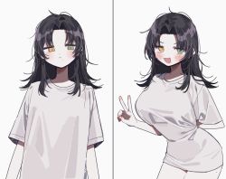 Rule 34 | 1girl, 3j dangan, :&lt;, :d, black hair, blush, breasts, character request, closed mouth, commentary request, copyright request, cowboy shot, green eyes, heterochromia, hypnosis mic, large breasts, long hair, looking at viewer, loose clothes, loose shirt, mole, mole under eye, mole under mouth, no pants, no pupils, open mouth, shirt, simple background, smile, t-shirt, v, white background, white shirt, yamada jiro, yellow eyes