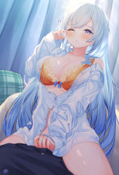 Rule 34 | 1girl, bare shoulders, blue hair, blush, bow, bow bra, bra, breasts, buttoned cuffs, buttons, cleavage, collared shirt, commentary request, curtains, dress shirt, emori miku, hand up, heart, highres, indoors, large breasts, liver city, long hair, long sleeves, off shoulder, one eye closed, open clothes, open shirt, orange bra, orange panties, panties, parted lips, pillow, plaid, purple eyes, roido (taniko-t-1218), rubbing eyes, shirt, sleeves past wrists, solo, underwear, very long hair, waking up, white shirt