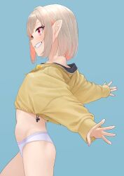 Rule 34 | 1girl, blue background, blunt bangs, colored inner hair, commentary, cropped jacket, from side, grey hair, grin, highres, jacket, long sleeves, makaino ririmu, multicolored hair, navel, nijisanji, no pants, outstretched arms, panties, pink hair, pointy ears, profile, red eyes, sabamen, short hair, simple background, smile, solo, stomach, two-tone hair, underwear, virtual youtuber, white panties, yellow jacket