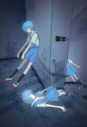 Rule 34 | 3girls, ayanami rei, black socks, blue dress, blue hair, chinese commentary, clone, commentary request, dress, exit sign, expressionless, film grain, floating, from above, highres, indoors, kneehighs, looking at viewer, multiple girls, neck ribbon, neon genesis evangelion, pinafore dress, procreate (medium), red eyes, red footwear, ribbon, school uniform, shirt, shoes, short hair, short sleeves, sleeveless, sleeveless dress, socks, stairs, surreal, tile floor, tiles, tokyo-3 middle school uniform, uwabaki, wet floor, white shirt, yitoushen