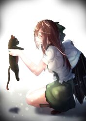 Rule 34 | 1girl, absurdres, animal, bird wings, black cat, black socks, black wings, bow, breasts, brown footwear, brown hair, cape, cat, closed eyes, commentary request, frilled shirt, frilled skirt, frills, full body, green skirt, grey bow, hair bow, highres, holding, holding animal, holding cat, kaenbyou rin, kaenbyou rin (cat), long hair, medium breasts, open mouth, profile, puffy short sleeves, puffy sleeves, rei (farta litia), reiuji utsuho, shirt, shoes, short sleeves, skirt, smile, socks, solo, squatting, touhou, white cape, white shirt, wings