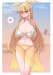 Rule 34 | 1girl, akitokage, bare arms, bare shoulders, beach, bikini, blonde hair, blush, border, breasts, cleavage, collarbone, commentary request, fate/grand order, fate (series), feet out of frame, gluteal fold, hair between eyes, head wings, heart, highres, huge breasts, long hair, looking at viewer, navel, palm tree, red eyes, sarong, see-through, solo, spoken blush, spoken heart, standing, swimsuit, thigh gap, thrud (fate), tree, valkyrie (fate), white border, wings