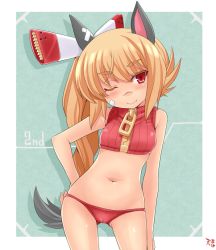 Rule 34 | 1girl, :&gt;, amane hasuhito, animal ears, bad id, bad pixiv id, bandages, bare shoulders, blonde hair, fang, fang out, halterneck, halterneck, hand on own hip, hip focus, long hair, navel, one eye closed, red eyes, scar, side ponytail, smile, solo, tail, wink, zipper